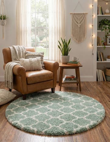 White Cyan Moroccan Shag Round Rug