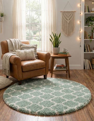 White Cyan Moroccan Shag Round Rug