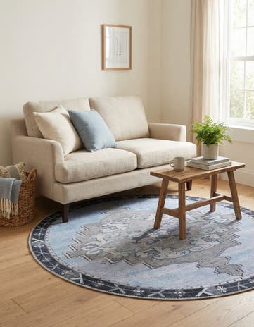 Blue Gray Washable Timeless Round Rug