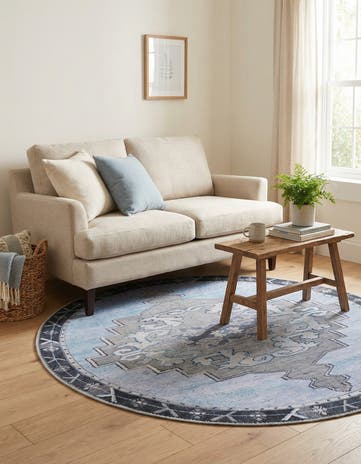 Blue Gray Washable Timeless Round Rug