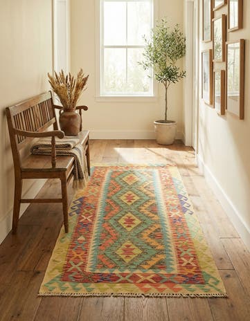 3' 4 x 6' 7 Hand Woven Kilim Maymana Wool Runner Rug