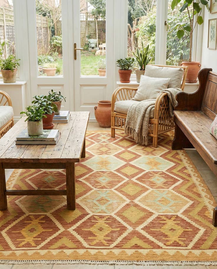Detail image of 4' 10 x 6' 5 Hand Woven Kilim Waziri Wool Rug