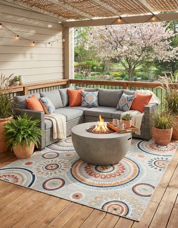 Gray Easy-Clean Botanical Indoor / Outdoor Square Rug