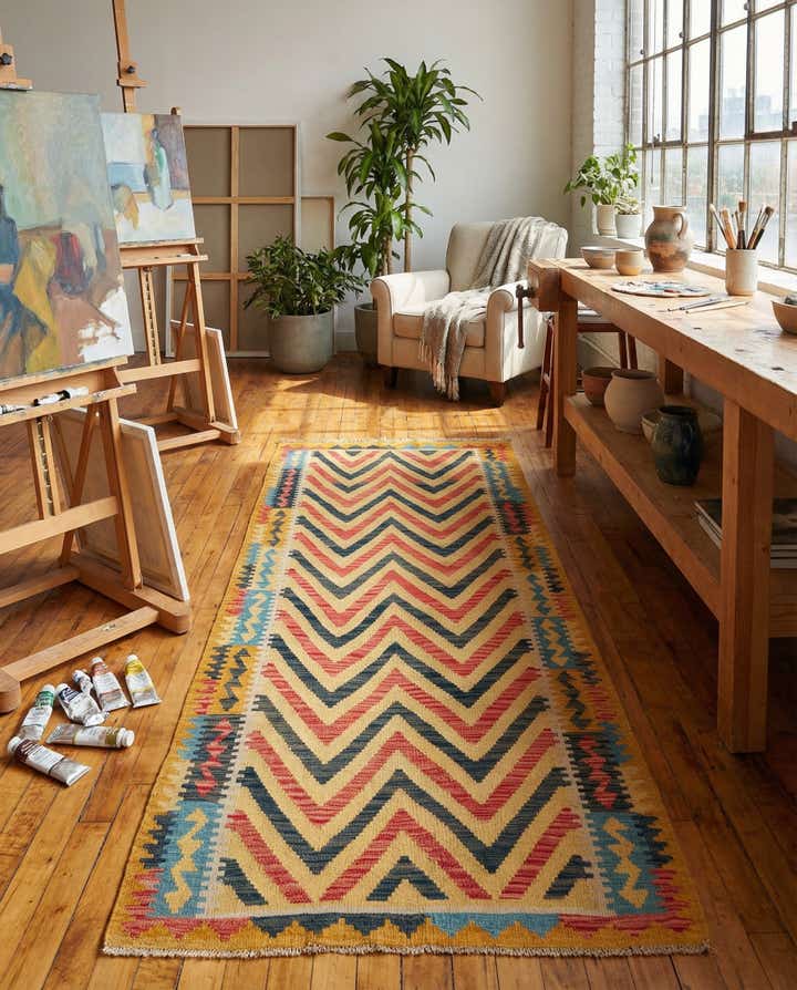 3' 4 x 6' 8 Hand Woven Kilim Maymana Wool Runner Rug