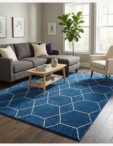 Navy Blue Lattice Frieze Rug
