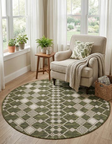 Green Easy-Clean Lattice Indoor / Outdoor Round Rug
