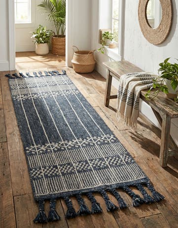 Navy Blue Easy-Clean Eco Bohemian Indoor / Outdoor Runner Rug