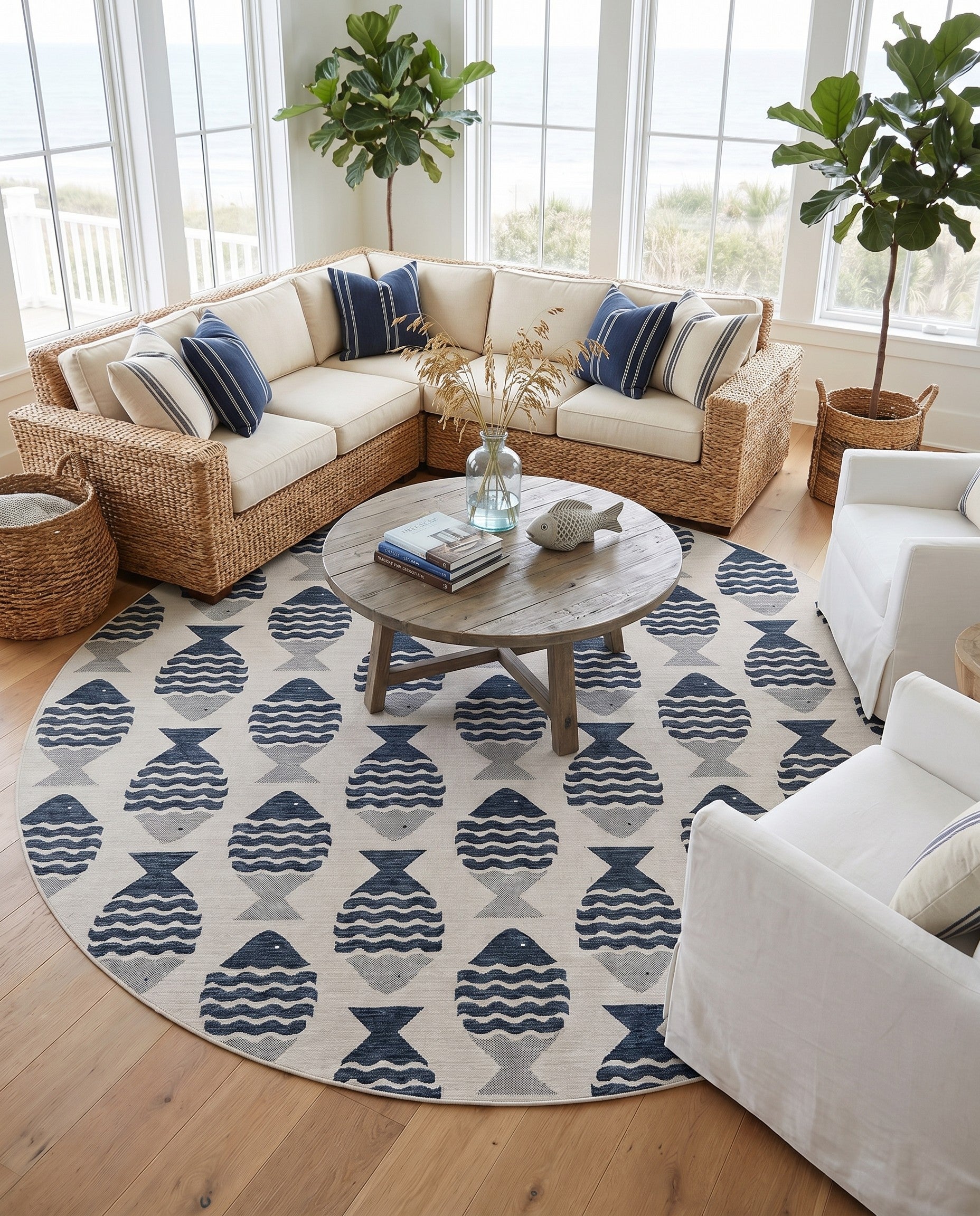 Navy Blue Easy-Clean Coastal Indoor / Outdoor Round Rug
