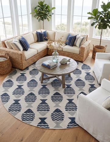 Navy Blue Easy-Clean Coastal Indoor / Outdoor Round Rug