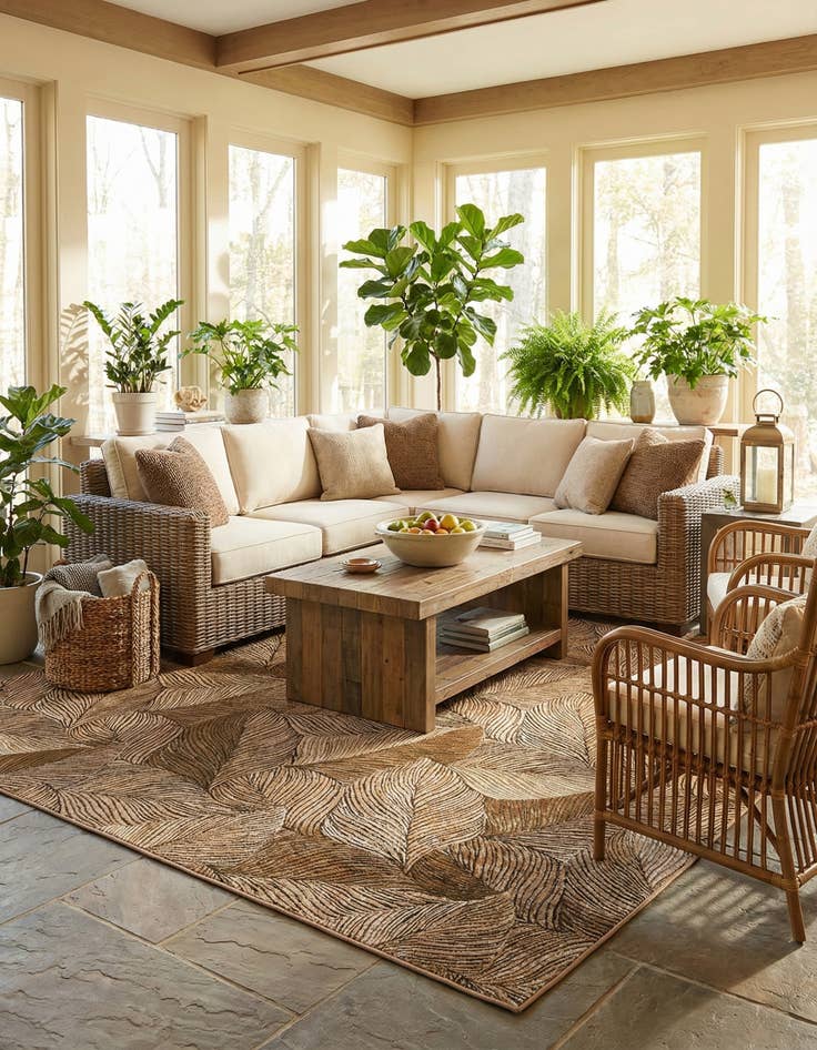 Detail image of 10' x 10'  Washable Botanical Indoor / Outdoor Square Rug