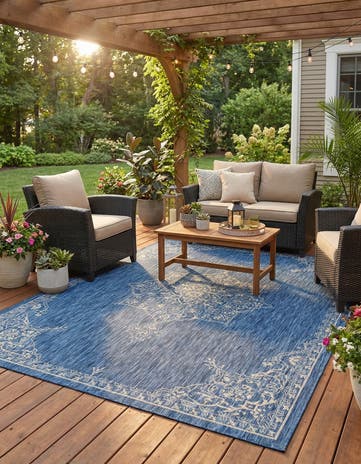 Blue Easy-Clean Traditional Indoor / Outdoor Rug