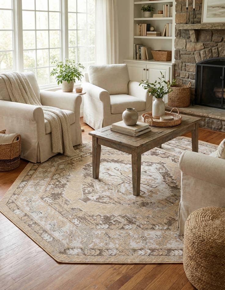 Detail image of  7' 10 x 7' 10  Washable Traditional Indoor / Outdoor Octagon Rug