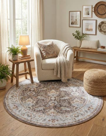 Almond Brown Washable Timeless Round Rug