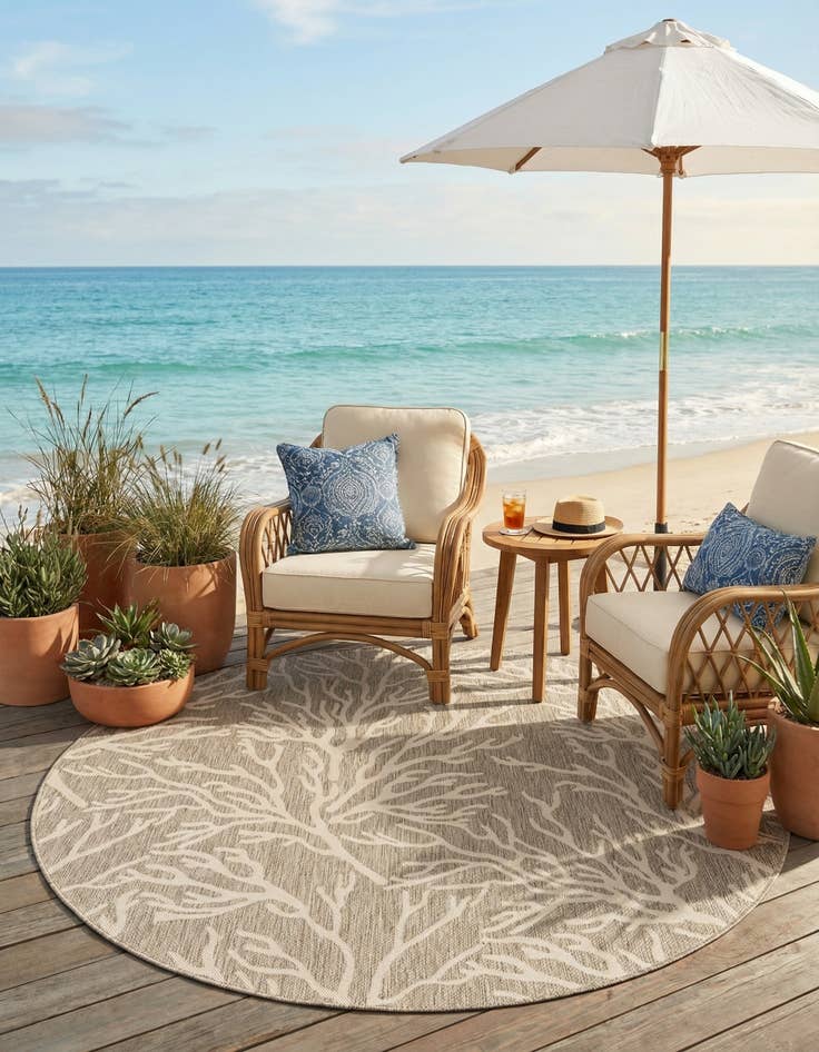 Detail image of 7' 10 x 7' 10  Washable Coastal Indoor / Outdoor Round Rug