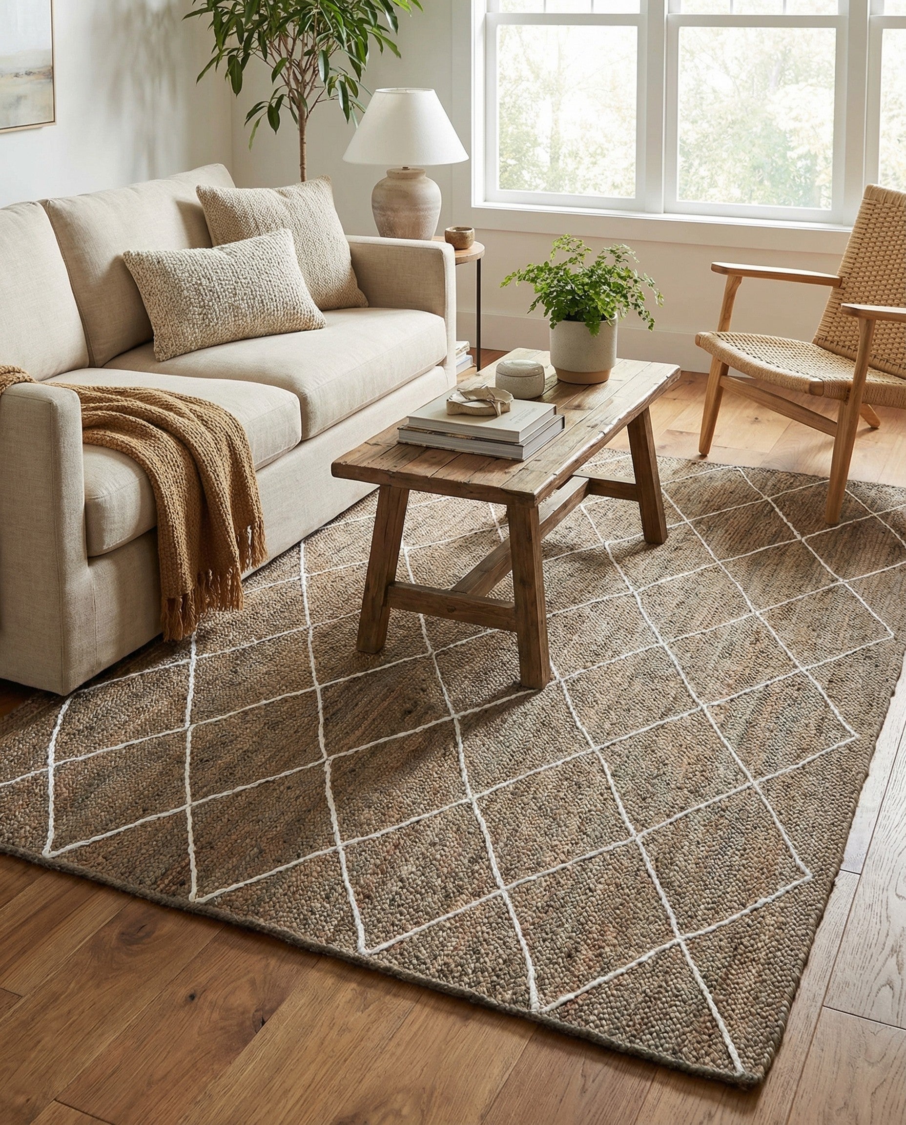 An 8x11 rectangular gray jute rug with a minimalist white diamond pattern, suitable for a living room.