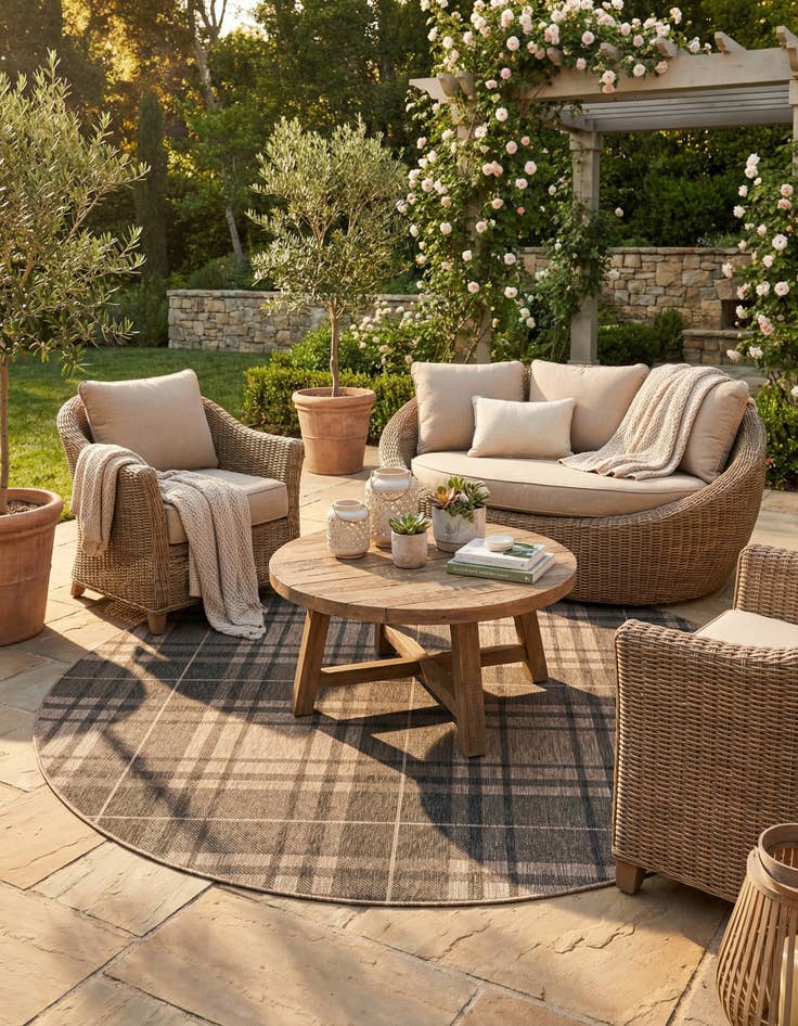 Detail image of  7' 10 x 7' 10  Washable Checkered Indoor / Outdoor Round Rug