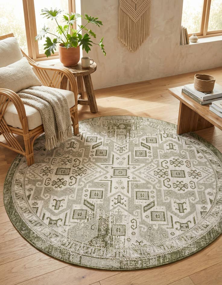 Detail image of 7' 10 x 7' 10  Washable Aztec Indoor / Outdoor Round Rug