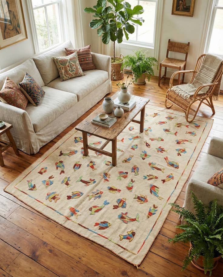 Detail image of 4' 10 x 6' 6 Hand Woven Kilim Suzani Wool Rug