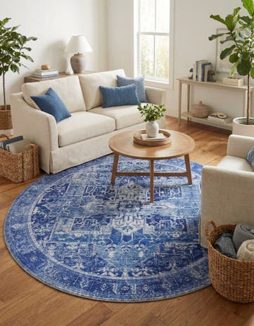 Navy Blue Washable Timeless Round Rug