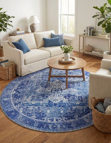 Navy Blue Washable Timeless Round Rug