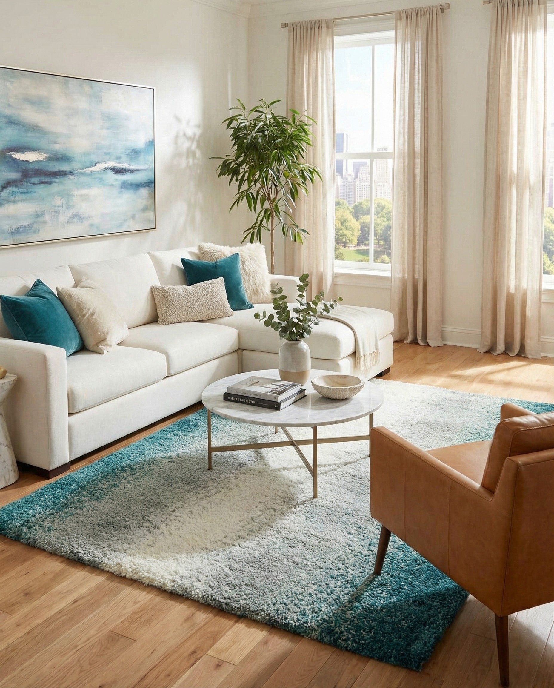 A rectangular 9x12 shag area rug featuring a modern ombre design, transitioning from deep teal edges to a light cream center.