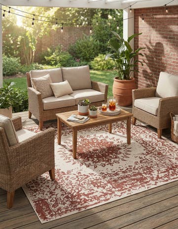 Rust Red Easy-Clean Traditional Indoor / Outdoor Square Rug
