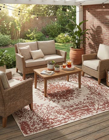 Rust Red Easy-Clean Traditional Indoor / Outdoor Square Rug