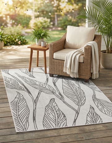 Charcoal Ivory Easy-Clean Botanical Indoor / Outdoor Rug