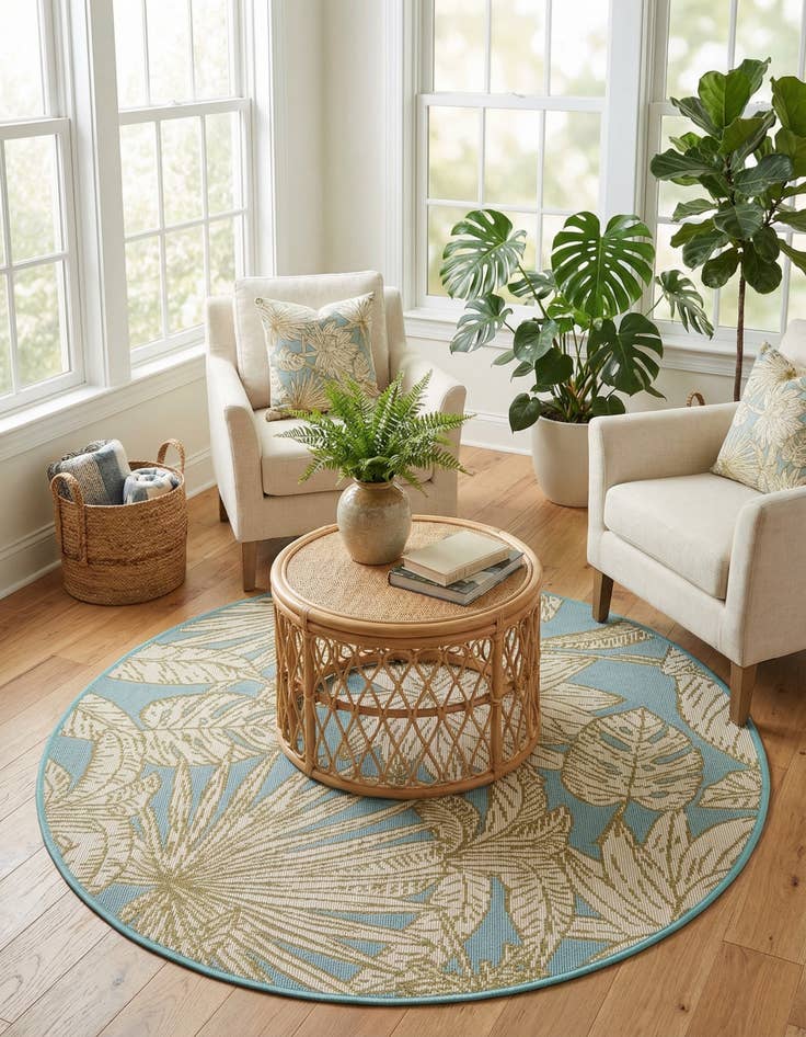 Detail image of 3' x 3'  Washable Botanical Indoor / Outdoor Round Rug