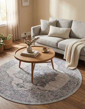 Ivory and Gray Washable Mangata Round Rug