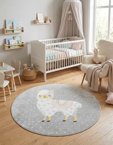 Gray Llama Whimsy Kids Round Rug