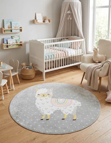 Gray Llama Whimsy Kids Round Rug