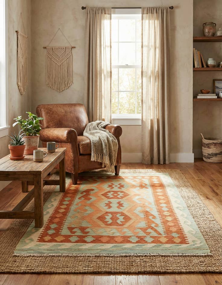 Detail image of 3' 2 x 4' 10  Hand Woven Kilim Waziri Wool Rug