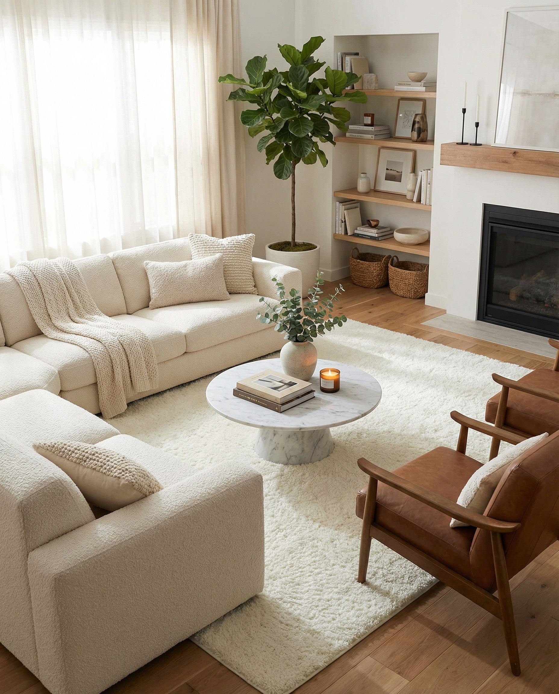 A large 9x12 rectangular white shag area rug with a plush, textured pile, perfect for a modern living room.