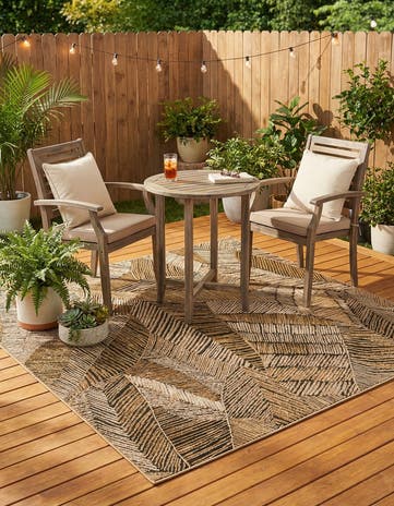 Brown and Beige Easy-Clean Botanical Indoor / Outdoor Square Rug