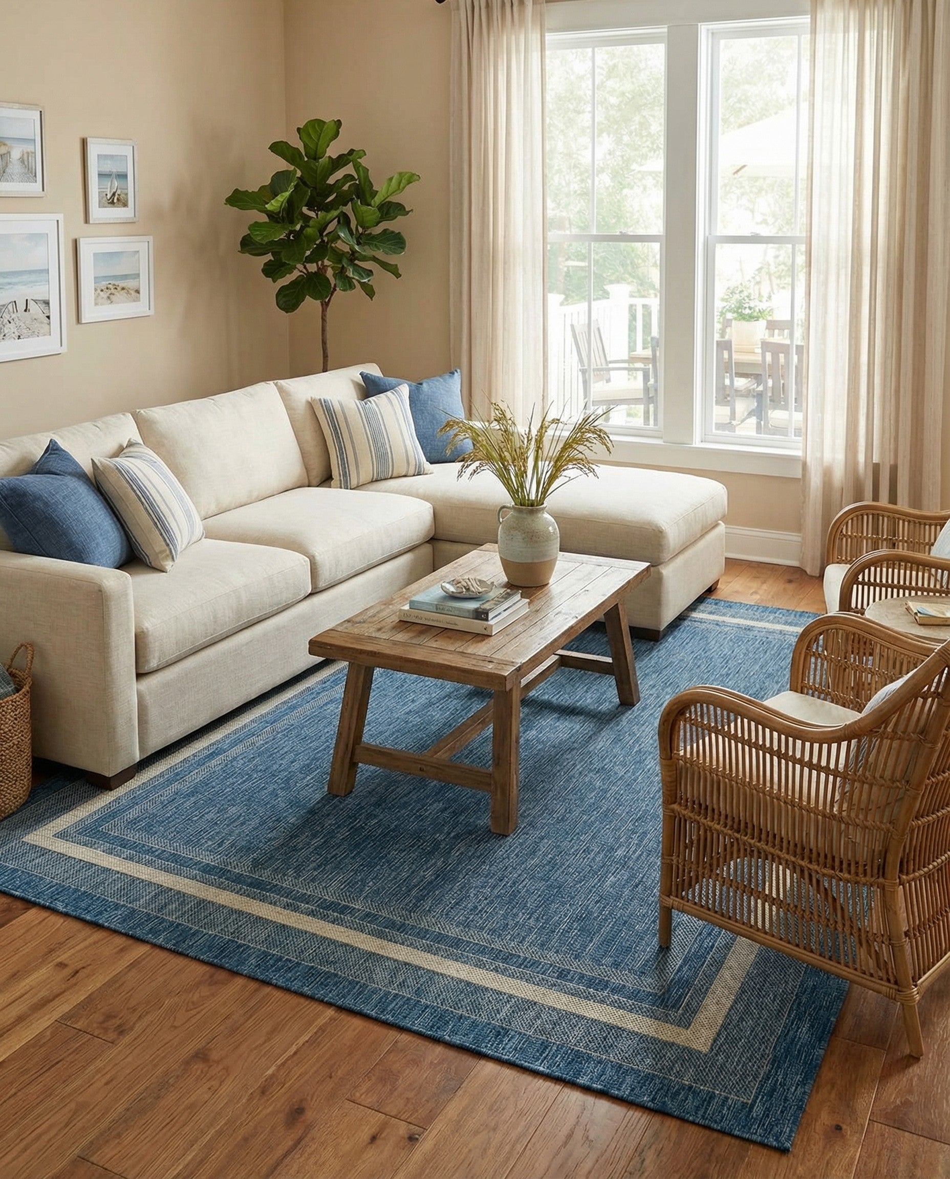 Blue 7' x 10' Washable Border Indoor / Outdoor Rug | Rugs.com