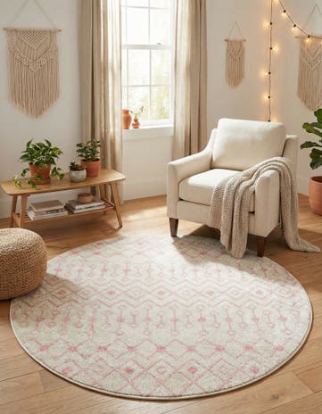 Ivory and Pink Moroccan Trellis Round Rug