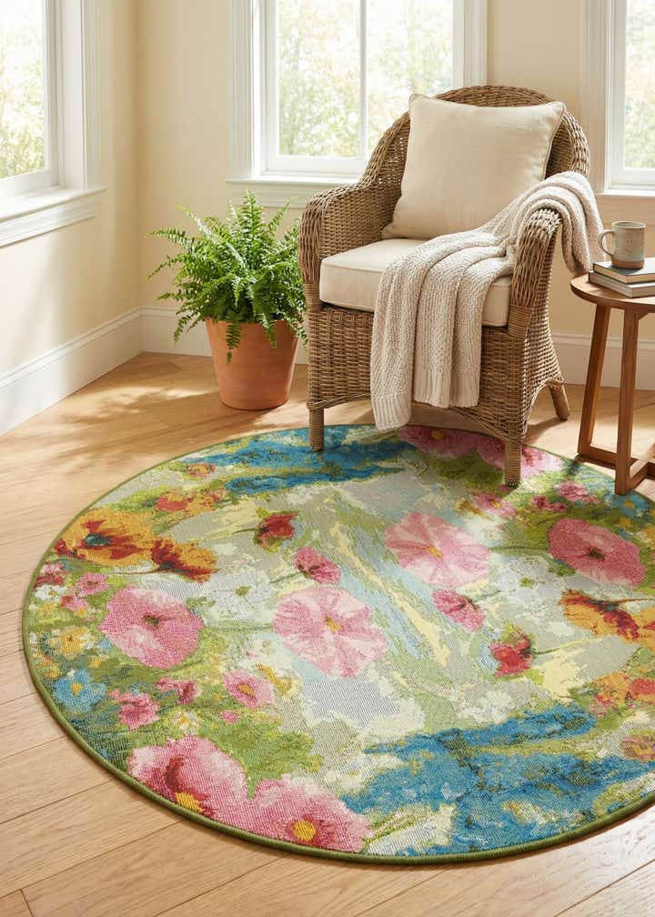 4' x 4' Easy-Clean Botanical Indoor / Outdoor Round Rug