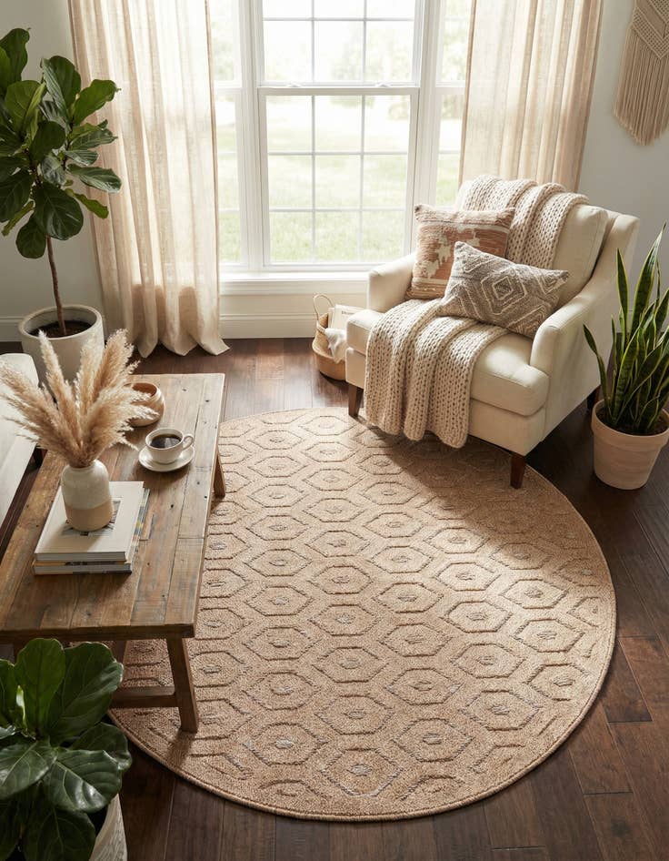 Detail image of 5' 3 x 5' 3 Easy-Clean Trellis Textured Indoor / Outdoor Round Rug