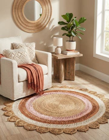 Natural White Orange Pink Handmade Braided Jute Round Rug