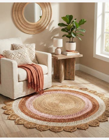 Natural White Orange Pink Handmade Braided Jute Round Rug