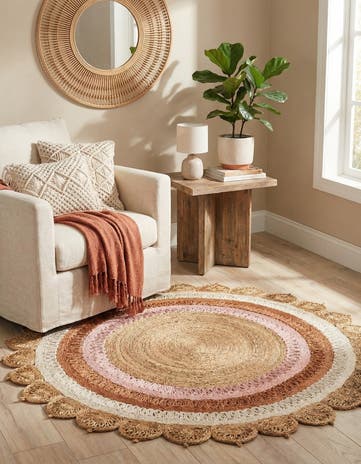 Natural White Orange Pink Handmade Braided Jute Round Rug