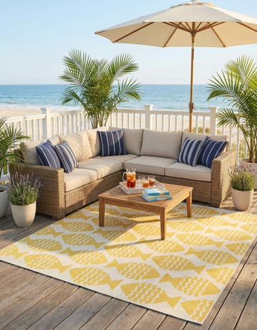 Yellow Easy-Clean Coastal Indoor / Outdoor Square Rug