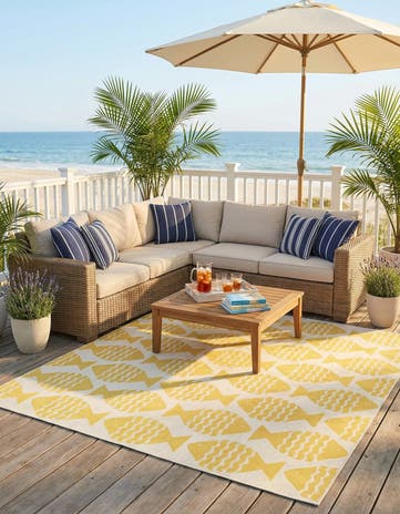 Yellow Easy-Clean Coastal Indoor / Outdoor Square Rug