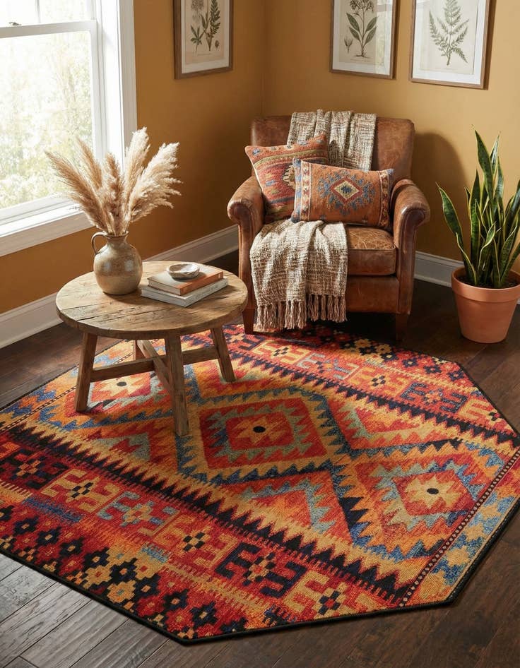 Detail image of 5' 3 x 5' 3 Easy-Clean Tribal Indoor / Outdoor Octagon Rug