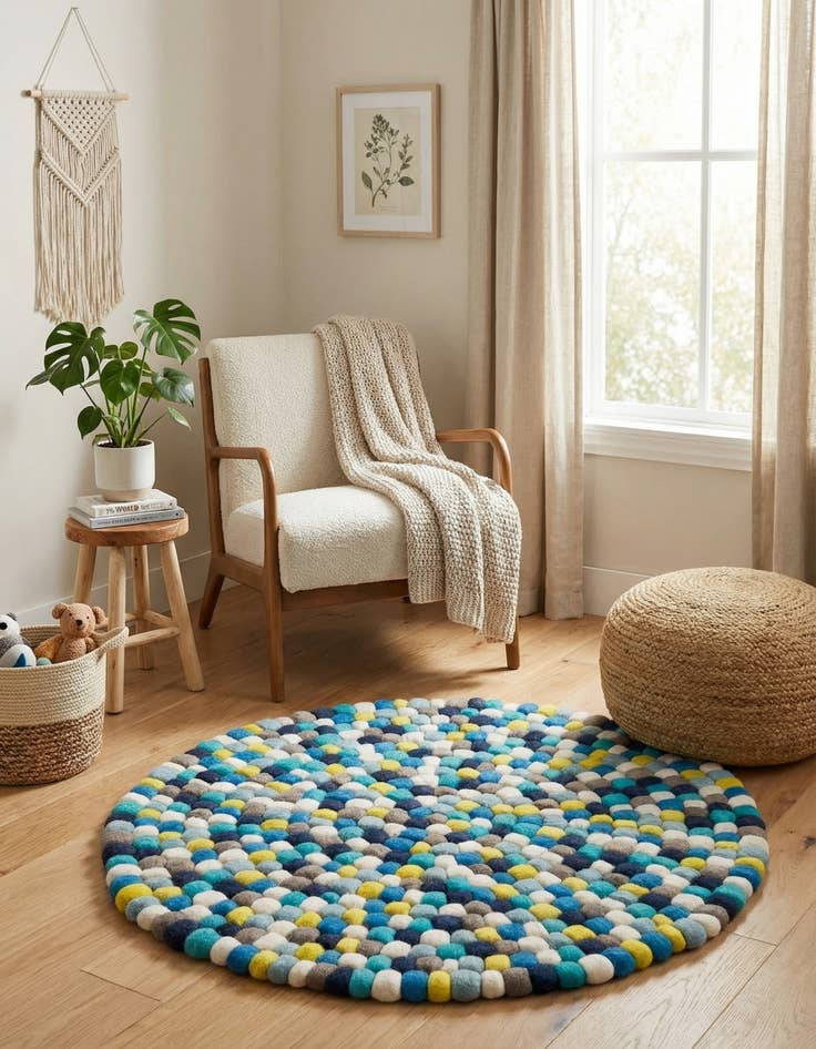 Detail image of 3' 1 x 3' 1  Hand Woven Felt Ball Wool Round Rug