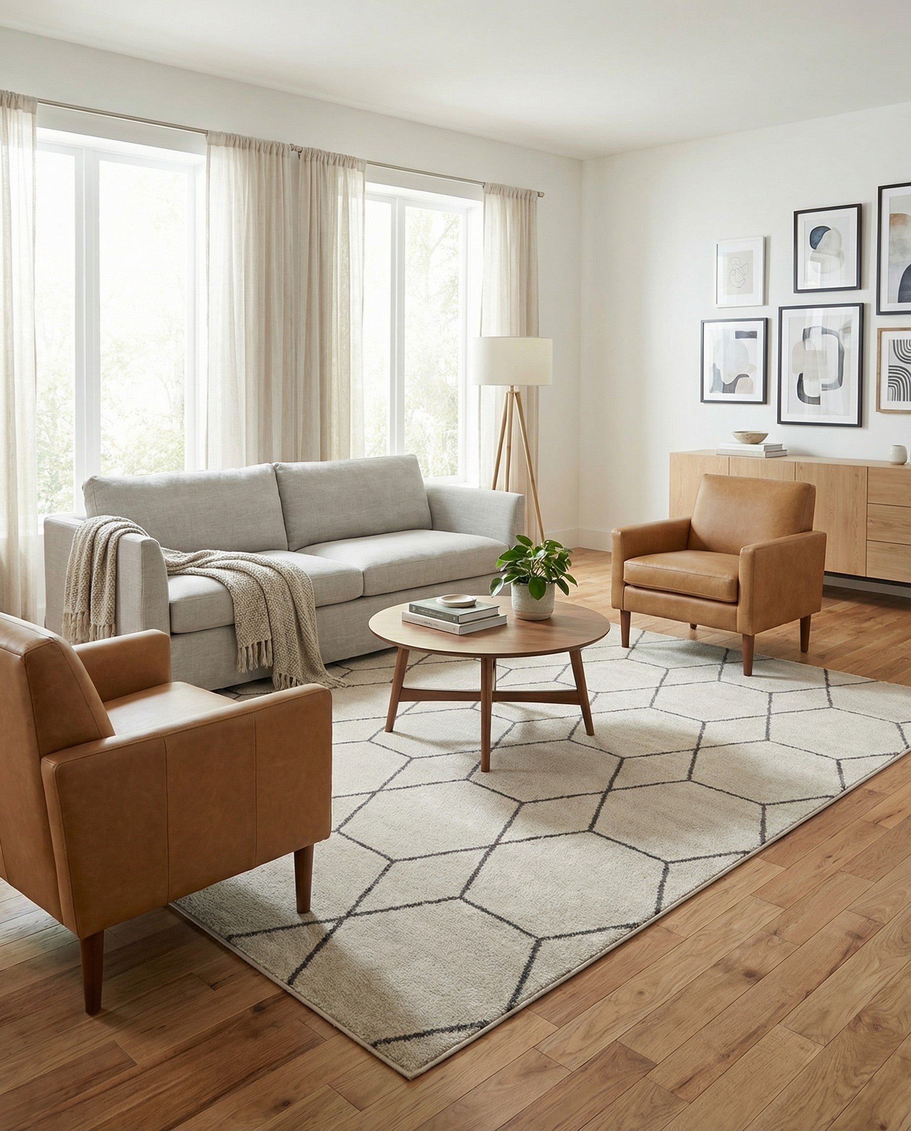 A 7x10 rectangular ivory and cream area rug with a modern black trellis pattern, suitable for a living room.