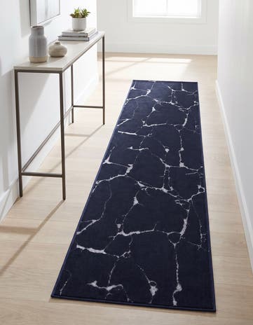 Navy Blue and Silver Vogue Geo Runner Rug