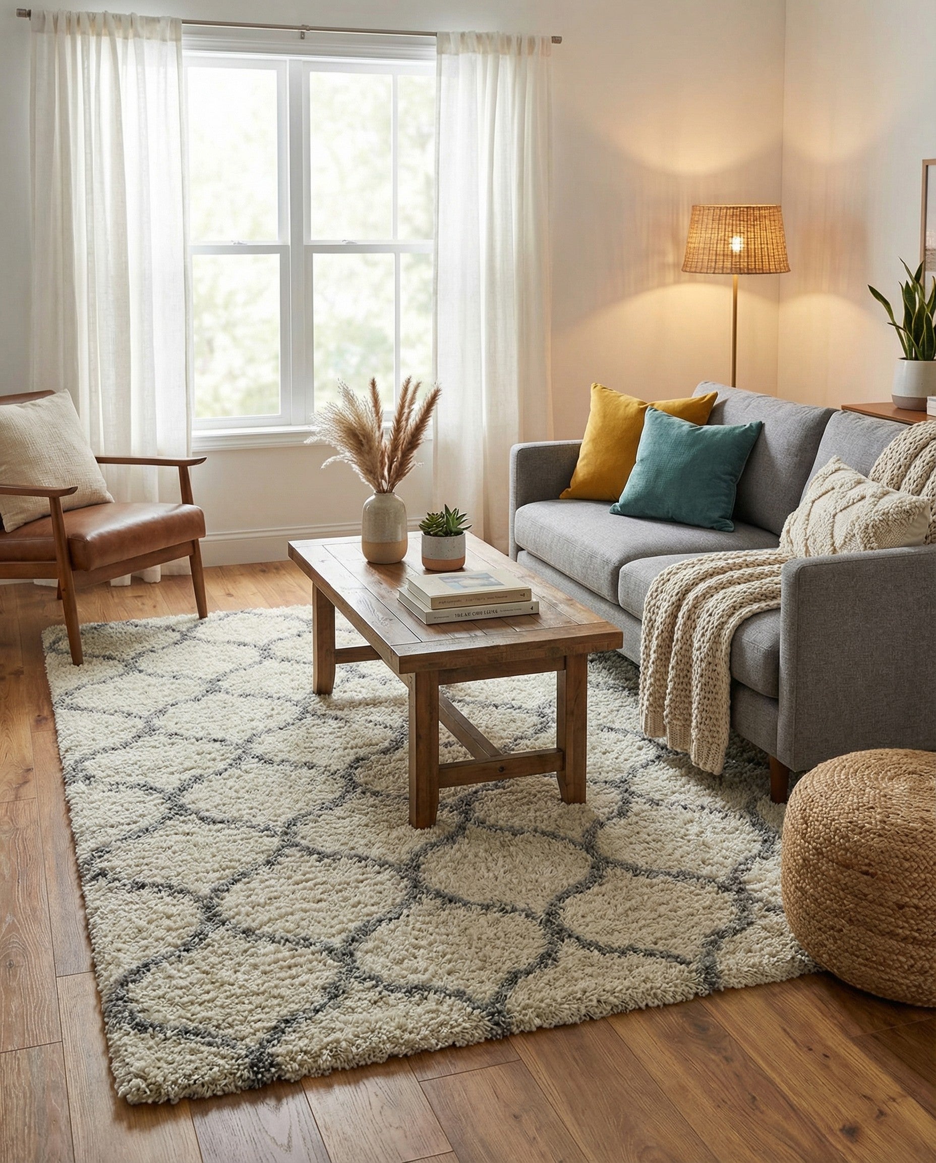 A 4x6 rectangular ivory shag rug with a modern high-low gray lattice pattern, offering a textured feel.