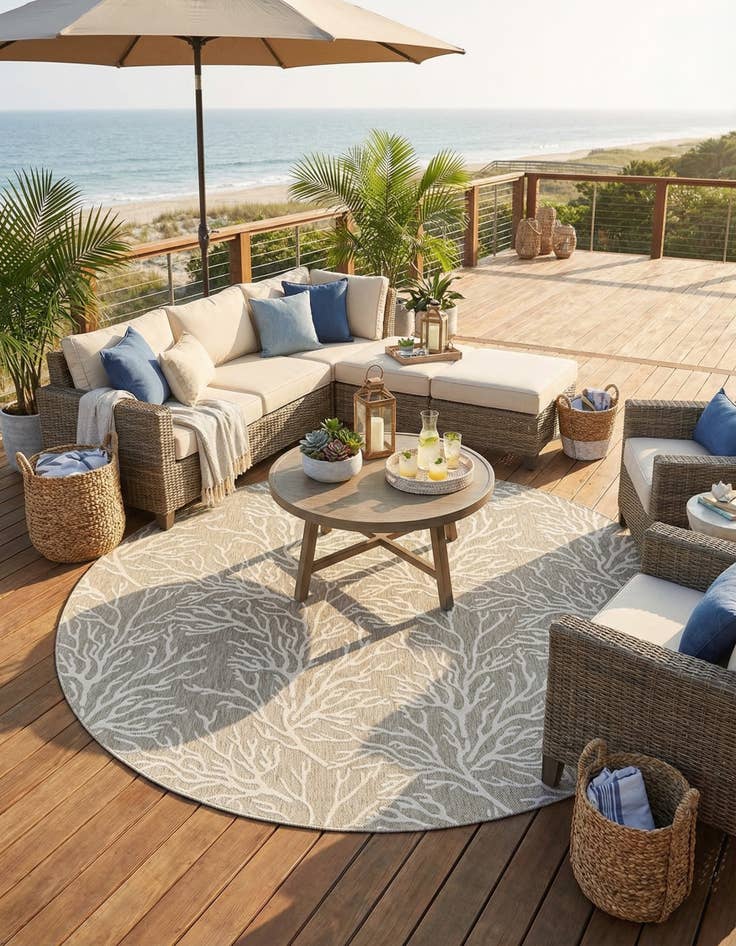 Detail image of 13' x 13'  Washable Coastal Indoor / Outdoor Round Rug